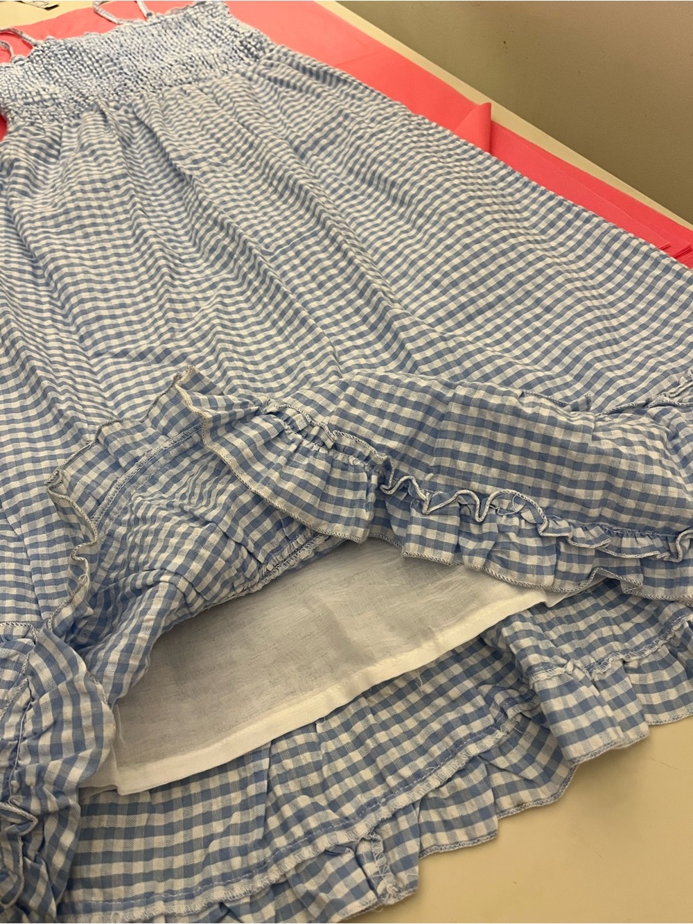 NWT. Sim and Sim Blue Gingham Smocked Midi Dress. Medium - Picture 7 of 7